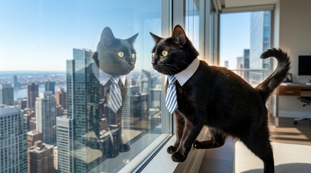 Broker Cat looking over skyscraper skyline