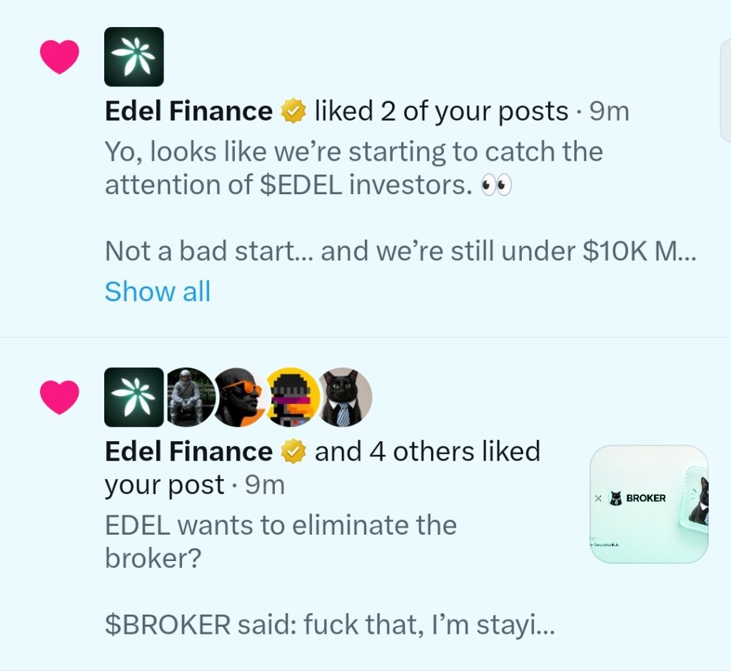 Proof of Edel Finance liking Broker Cat posts on X